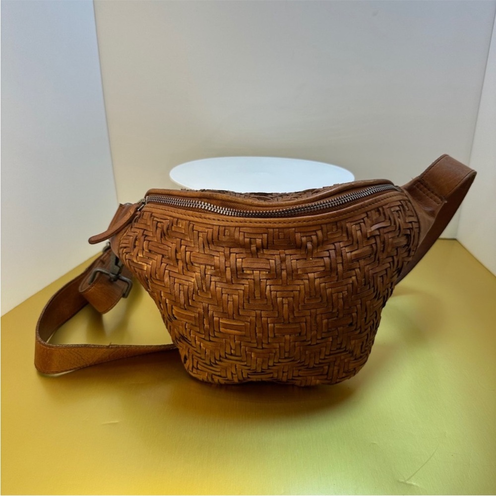 Woven Brown Leather Belt Bag with Adjustable Strap